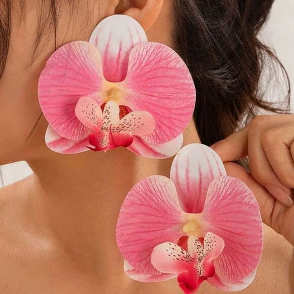 ✨🆕✨ Exquisite Boho Bold Chic Pink White Orchid Flower Stud Earrings ✨ - Picture 1 of 12